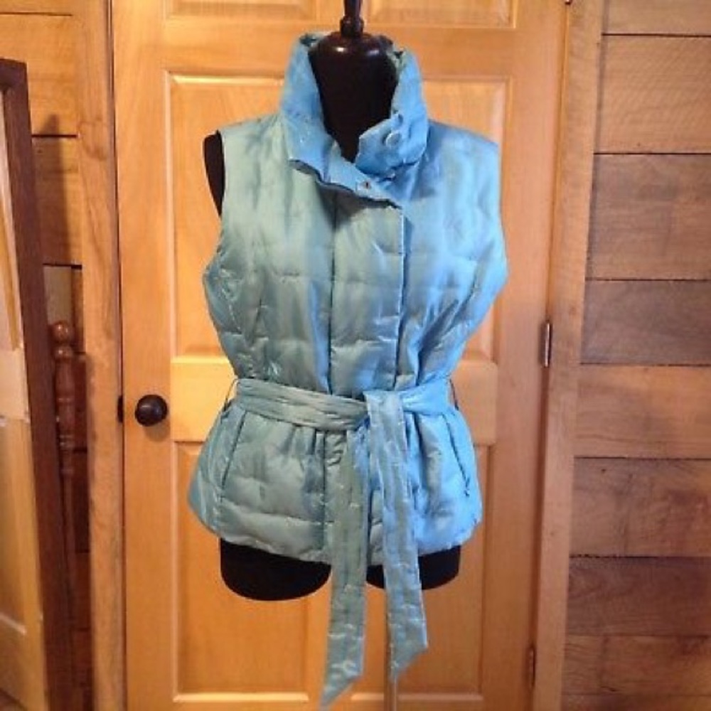 Talbots Puffer Vest Large Blue Tie Waist Down Aqua - Picture 3 of 7